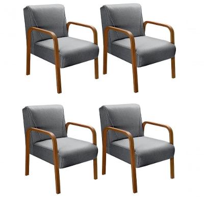 Kit 4 Poltronas Anita Moderna Decorativa Braço Madeira Linho Cinza 320