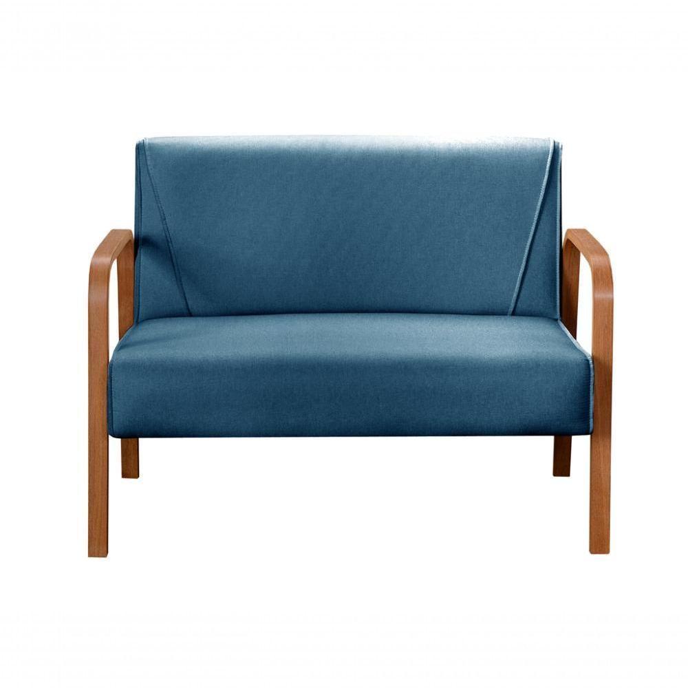 Poltrona Namoradeira Anita Decorativa Braço Madeira Moderna Linho Azul 330 - 2