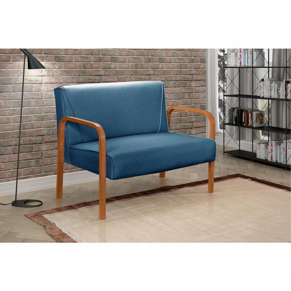 Poltrona Namoradeira Anita Decorativa Braço Madeira Moderna Linho Azul 330 - 6