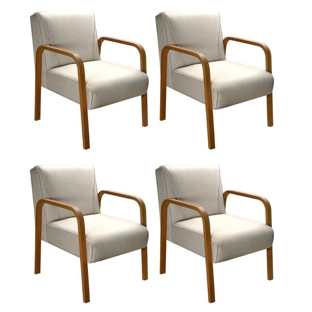 Kit 4 Poltronas Anita Moderna Decorativa Braço Madeira Linho Bege 140 - 1