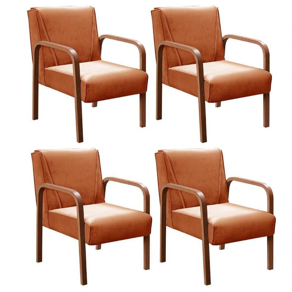 Kit 4 Poltronas Anita Moderna Decorativa Braço Madeira Veludo Terracota 400 - 1