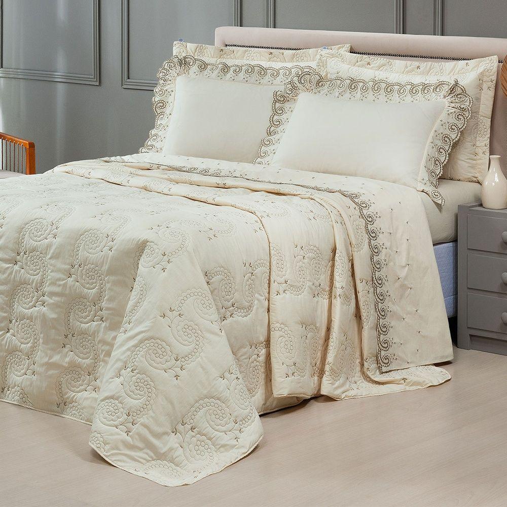 Cobre Leito + Jogo De Cama 7 Peças Queen Percal 200 Fios Mistral 100% Algodão - Palha - 1