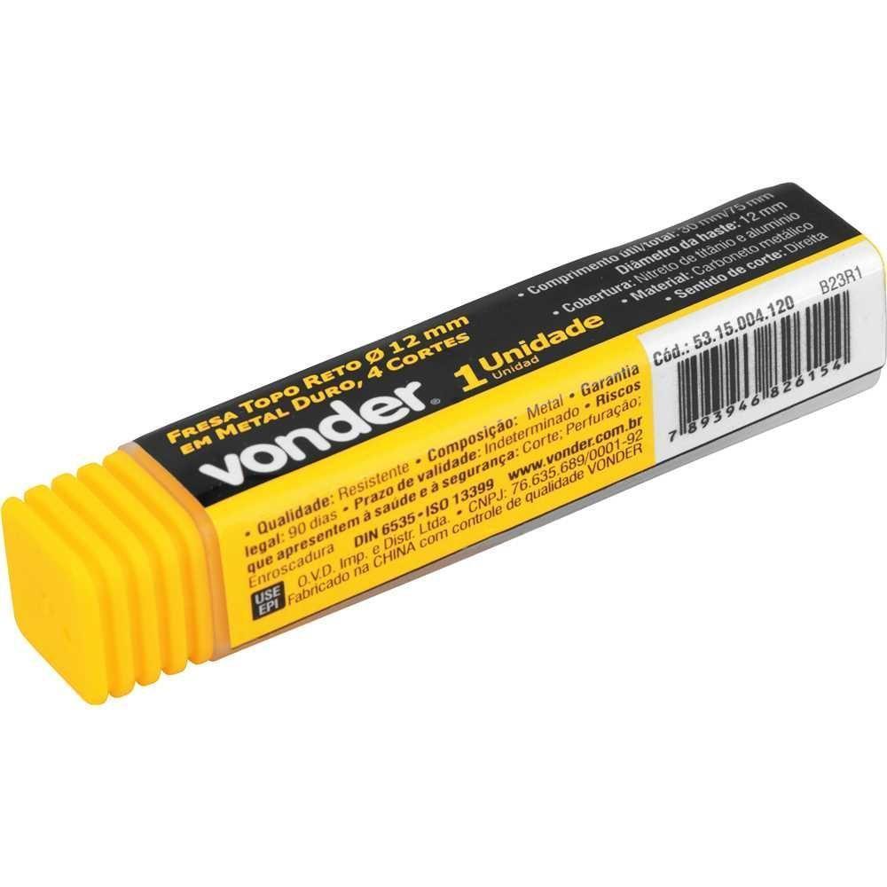 Fresa Topo Metal Duro 12,0mm 4 Cortes Reto Vonder - 3