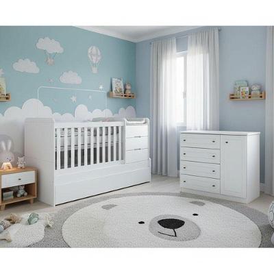 Berço Multifuncional Cleo em MDF 194cm Branco com Cômoda 3 Gavetas e Colchão Móveis Henn