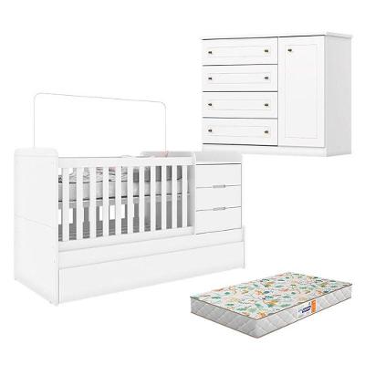 Berço Multifuncional Cleo com Cômoda Infantil Mississipi 1 Porta 7 Gavetas 100% MDF 194 cm Branco