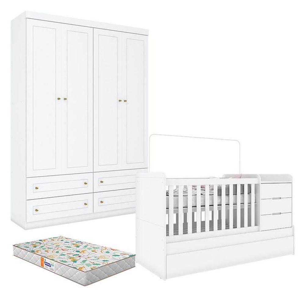 Berço Multifuncional Cleo E Guarda Roupa Infantil 4 Portas Mississipi Branco Fosco Com Colchão Gazin - Henn - 1