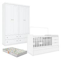 Berço Multifuncional Cleo E Guarda Roupa Infantil 4 Portas Mississipi Branco Fosco Com Colchão Gazin - Henn - 1