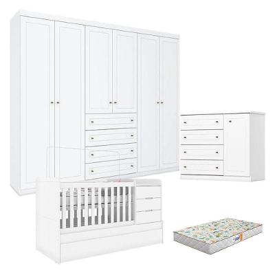 Quarto Infantil 6 Portas Americano Com Berço Multifuncional Cleo Branco Fosco E Colchão Gazin - Henn