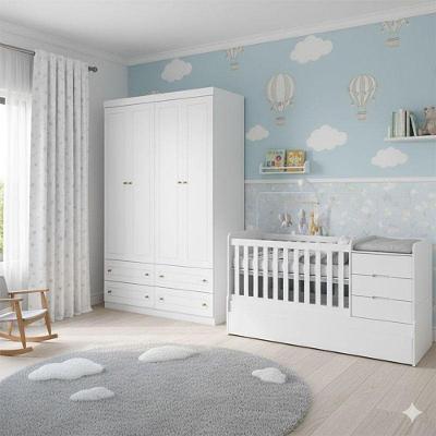 Berço Multifuncional Cleo E Guarda Roupa Infantil 4 Portas Americano Ambiente Branco Fosco Com Colchão Gazin - Henn