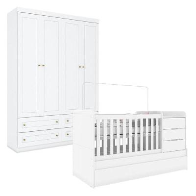 Berço Multifuncional Cleo E Guarda Roupa Infantil 4 Portas Americano Branco Fosco - Carolina