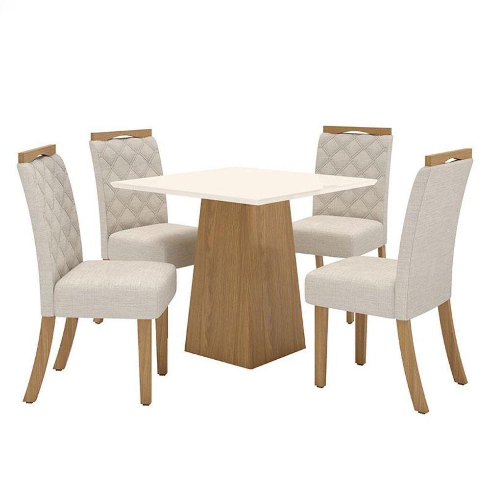 Mesa De Jantar Dora 90cm Canto Reto Sem Vidro Nature Off White Com 4 Cadeiras Bella Linho - Henn - 1