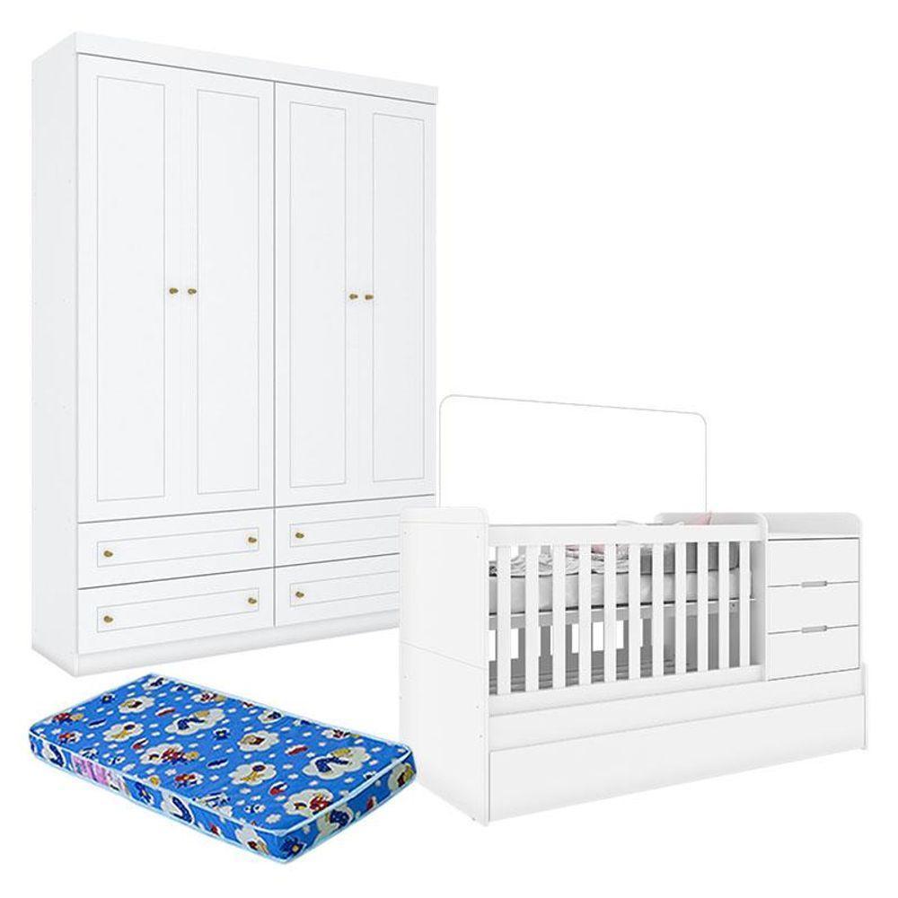 Berço Multifuncional Cleo E Guarda Roupa Infantil 4 Portas Americano Branco Fosco Com Colchão Ortobom - Henn - 1
