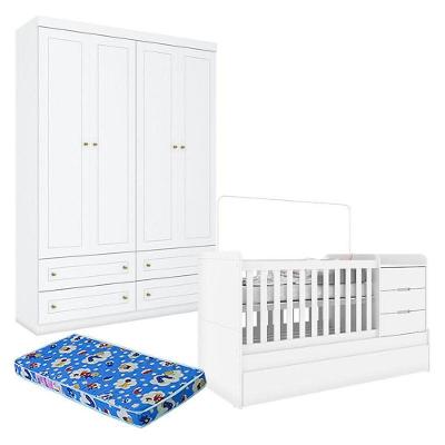 Berço Multifuncional Cleo E Guarda Roupa Infantil 4 Portas Americano Branco Fosco Com Colchão Ortobom - Henn