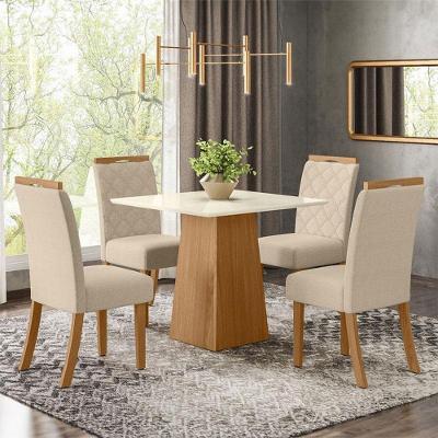 Mesa De Jantar Dora 90cm Canto Reto Sem Vidro Ambiente Nature Off White Com 4 Cadeiras Bella Linho - Henn
