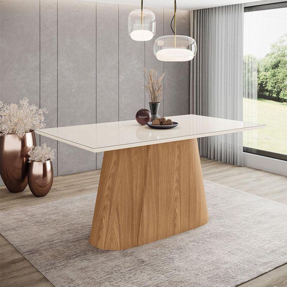 Mesa De Jantar Olivia Ambiente 160 Cm Canto Reto Com Vidro Nature Off White - Henn - 1