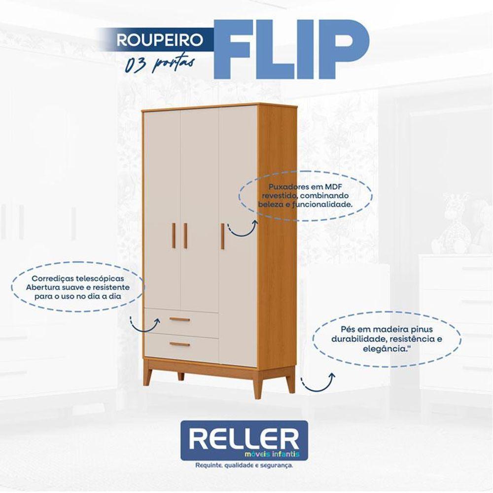 Guarda Roupa Infantil Flip 3 Portas Com Berço Americano Flip Areia Acetinado Savana - Reller - 3