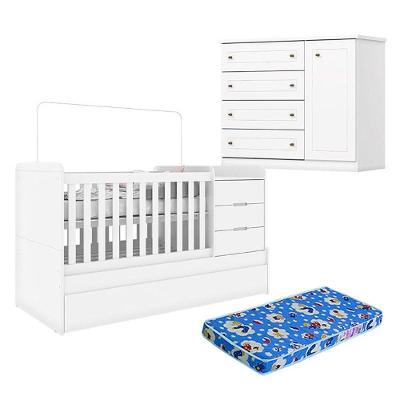 Berço Multifuncional com Cômoda Infantil e Colchão Cleo Mississipi 4 Portas 4 Gavetas 100% MDF