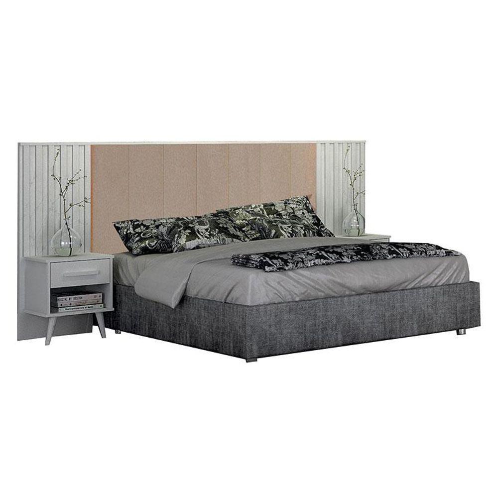 Painel Cabeceira Casal Queen Milano Estofada Com Criado Branco Joli Palha - Leifer Móveis - 1