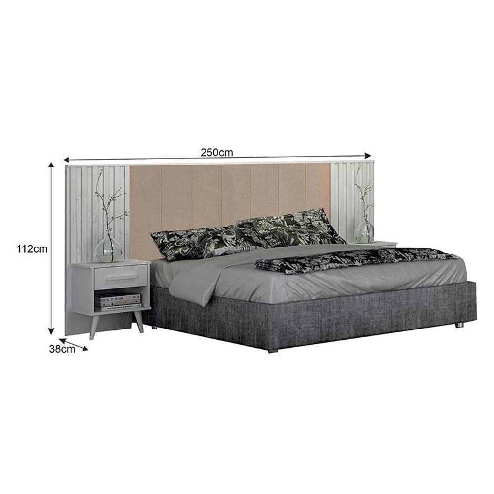 Painel Cabeceira Casal Queen Milano Estofada Com Criado Branco Joli Palha - Leifer Móveis - 2