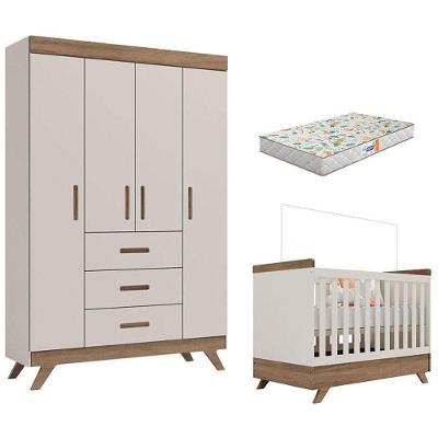 Conjunto Berço Americano Vitória e Guarda Roupa Infantil Retrô em MDF com Colchão Incluso Off White