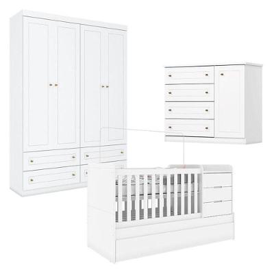 Quarto Infantil 4 Portas Americano Com Berço Multifuncional Cleo Branco Fosco - Henn