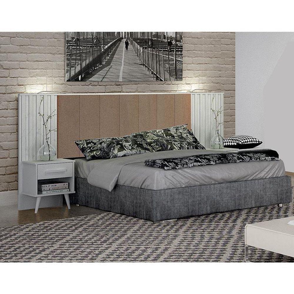 Painel Cabeceira Casal Queen Milano Estofada Com Criado Branco Joli Camurça - Leifer Móveis - 3