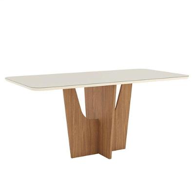 Mesa De Jantar Vértice 180 Cm Canto Arredondado Com Vidro Nature Off White - Henn