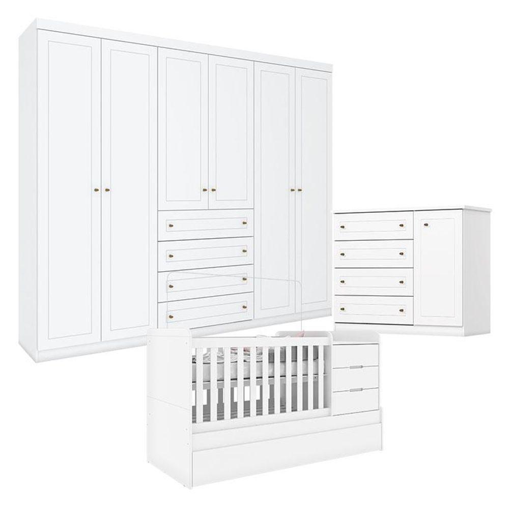 Quarto Infantil 6 Portas Americano Com Berço Multifuncional Cleo Branco Fosco - Henn - 1