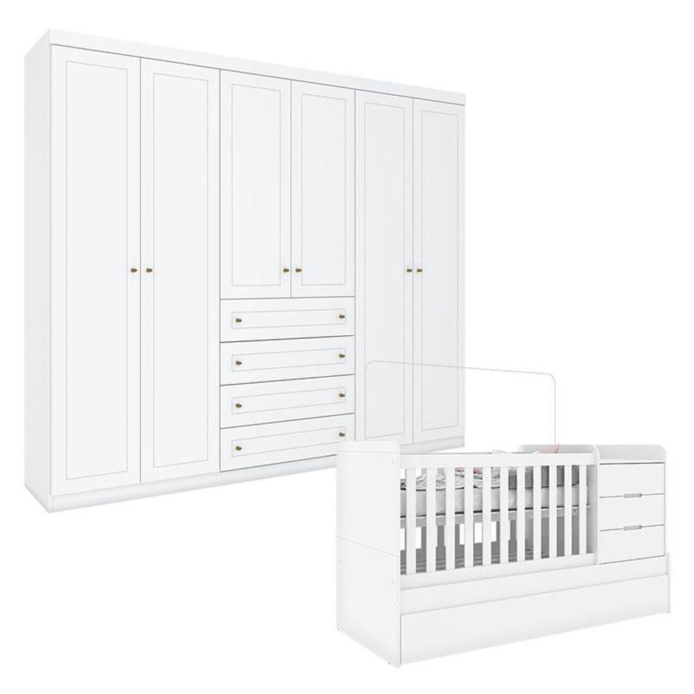 Berço Multifuncional Cleo E Guarda Roupa 6 Portas Mississipi Branco Fosco - Henn - 1