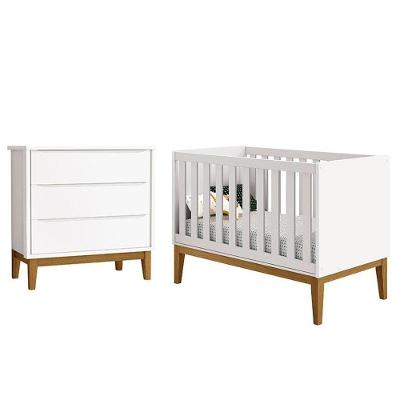 Kit Berço Americano New Classic em MDF Branco com Pés Madeira e Cômoda Gaveteiro Retrô
