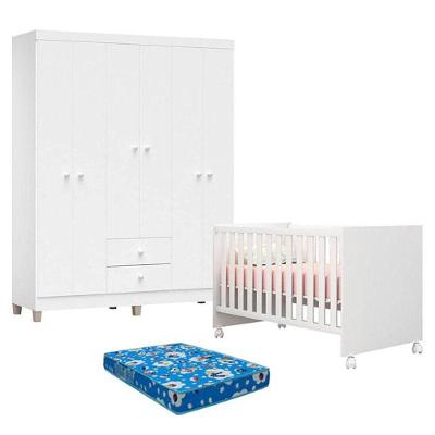 Conjunto Berço Americano Doce Sonho 100 e Guarda Roupa 6 Portas 2 Gavetas MDP 150cm Branco Incorplac