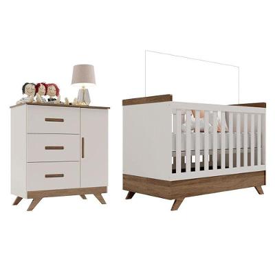 Berço Americano Vitória e Cômoda Infantil Retrô Maya 1 Porta 3 Gavetas MDF Off White Carvalho