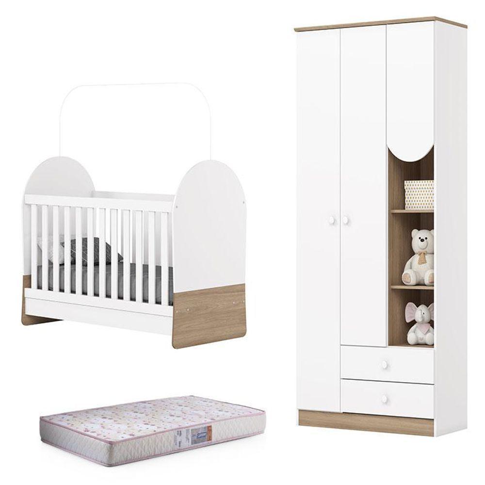 Guarda Roupa 3 Portas E Berço Mini Cama Magia Branco Jequitibá Hp Com Colchão 130x60 Gazin - Henn - 1