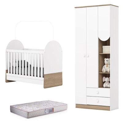 Guarda Roupa 3 Portas E Berço Mini Cama Magia Branco Jequitibá Hp Com Colchão 130x60 Gazin - Henn