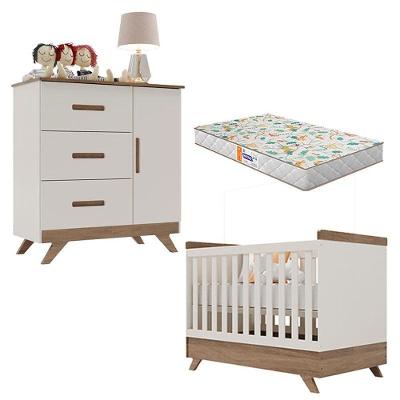 Conjunto Berço Americano Vitória e Cômoda Maya MDF com Colchão Incluso Off White Carvalho