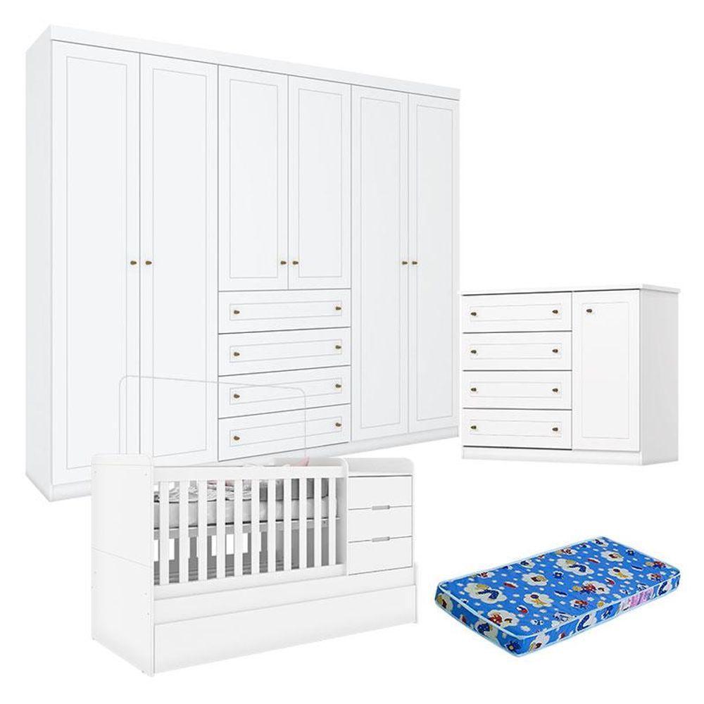 Quarto Infantil 6 Portas Mississipi Com Berço Multifuncional Cleo Ambiente Branco Fosco E Colchão Ortobom - Henn - 10
