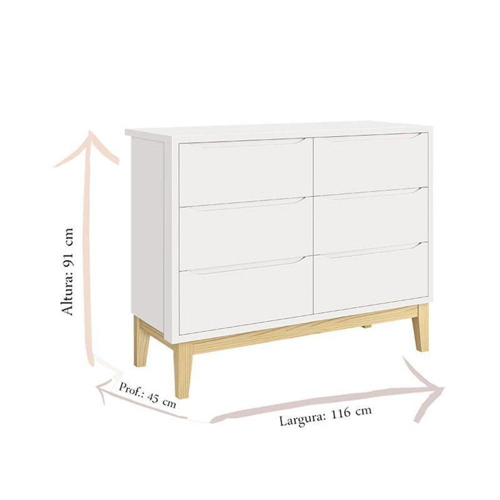 Quarto De Bebê 2 Portas E Cômoda 6 Gavetas New Classic Branco Com Pés Madeira Natural E Colchão Ortobom - Reller - 3