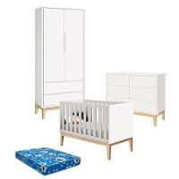 Quarto De Bebê 2 Portas E Cômoda 6 Gavetas New Classic Branco Com Pés Madeira Natural E Colchão Ortobom - Reller - 1