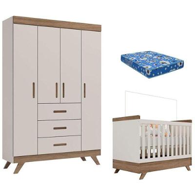 Conjunto Berço Americano Vitória e Guarda Roupa Retrô Maya MDF com Colchão Incluso Off White