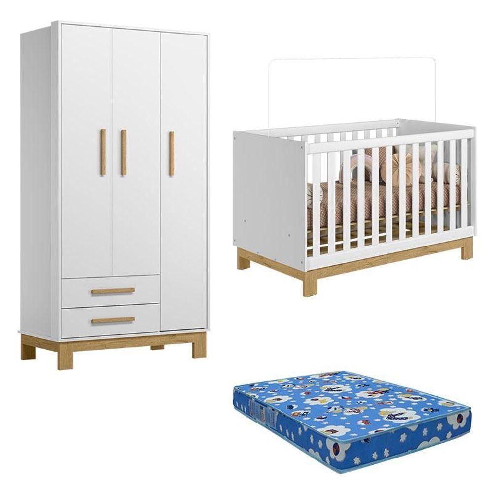 Berço Americano 4315 E Guarda Roupa 4340 Q Encanto Slim Branco Acetinado Com Colchão Tend Tudo - Qmovi - 1