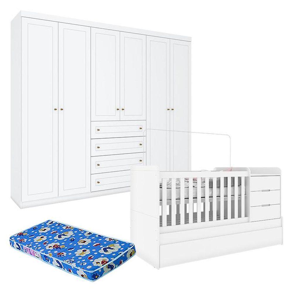 Berço Multifuncional Cleo E Guarda Roupa Infantil 6 Portas Mississipi Ambiente Branco Fosco Com Colchão Ortobom - Henn - 8