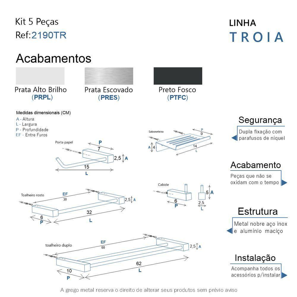 Kit Acessórios Para Banheiro Alto Brilho 5 Peças Grego Metal 2190tr - 9