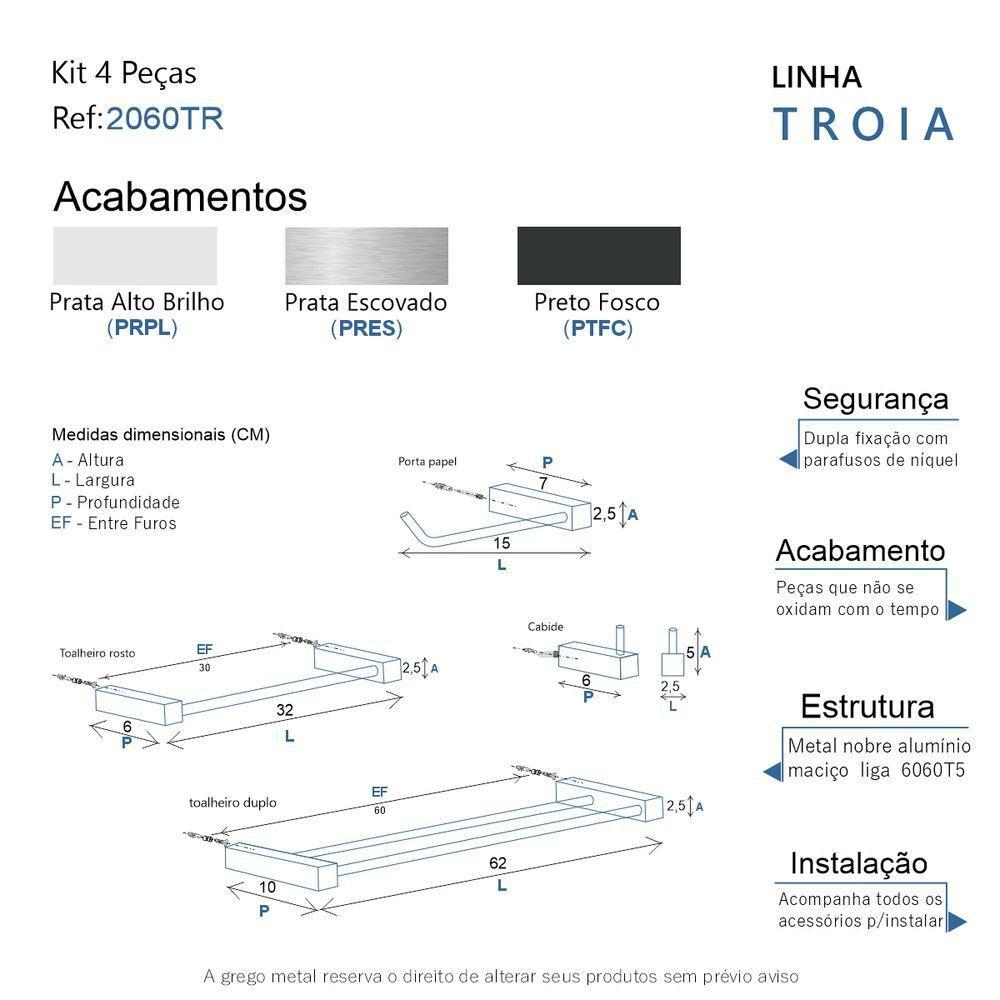 Kit Acessórios Para Banheiro Alto Brilho 4 Peças Grego Metal 2060tr - 8