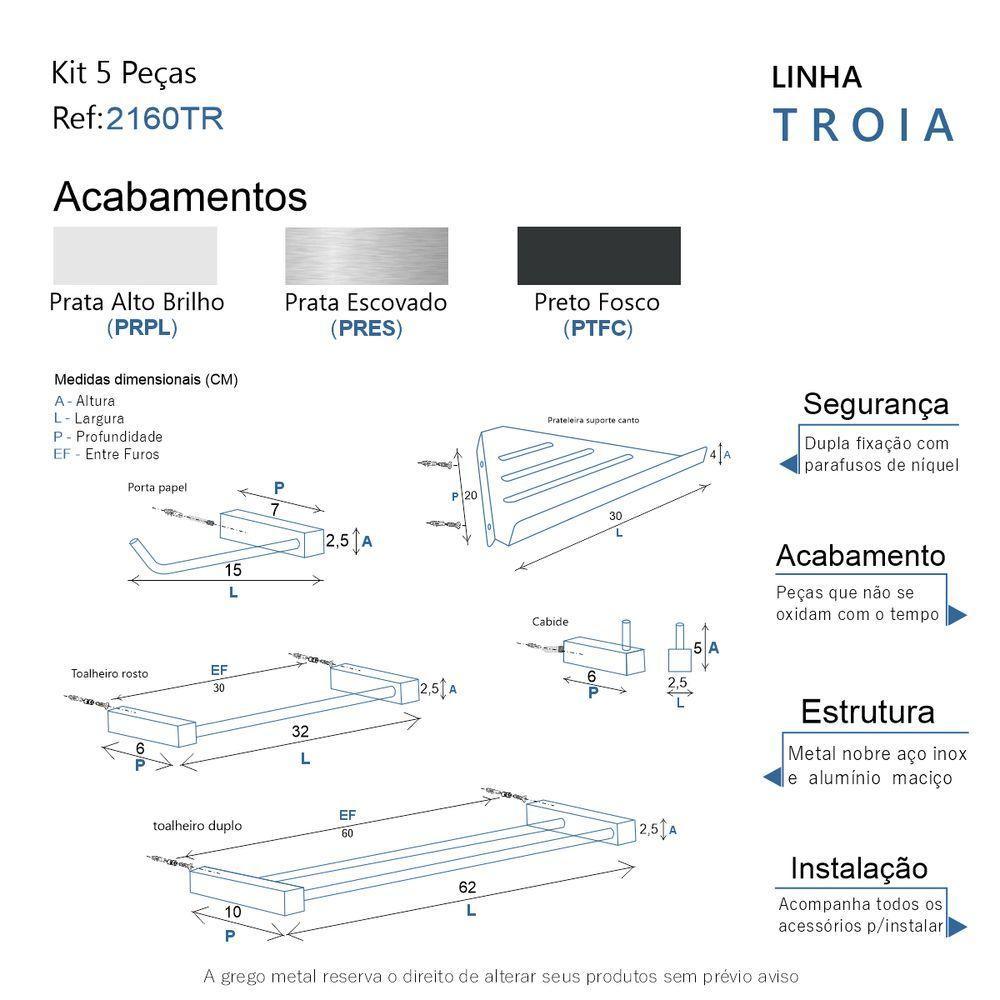 Kit Acessórios Para Banheiro Preto Fosco 5 Peças Grego Metal 2160tr - 9