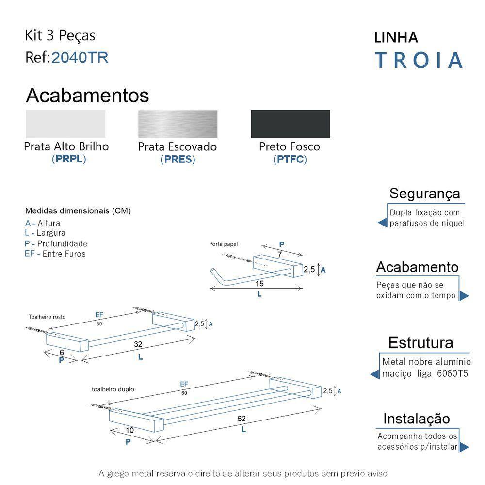 Kit Acessórios Para Banheiro Escovado 3 Peças Grego Metal 2040tr - 7