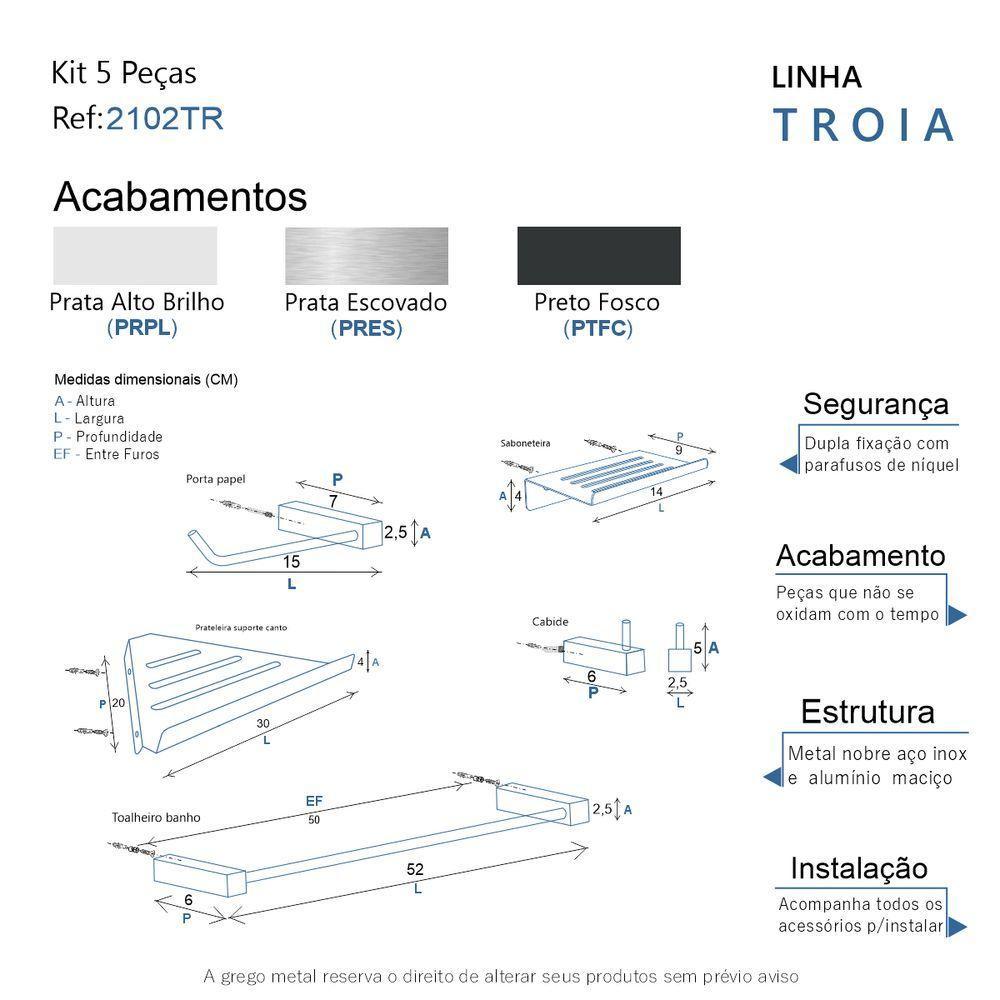 Kit Acessórios Para Banheiro Preto Fosco 5 Peças Grego Metal 2102tr - 9