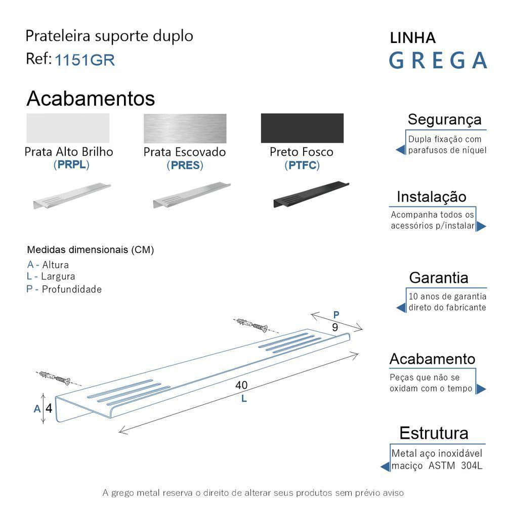 Prateleira Suporte Duplo Para Banheiro Preto Fosco Grega Aço Inox 40cm - 4