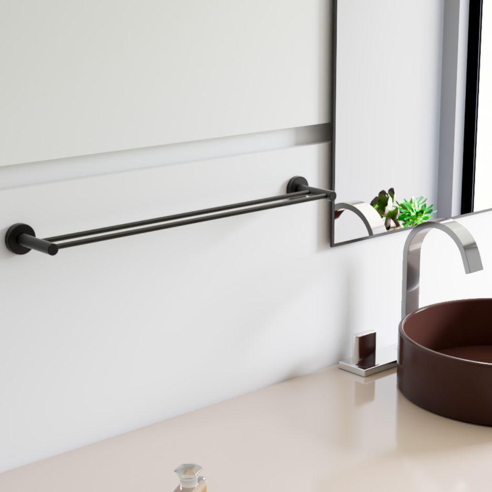 Porta Toalha Toalheiro Duplo Para Banheiro Preto Fosco Atenas 75cm - 3