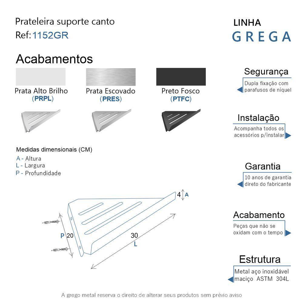 Prateleira Suporte Canto Para Banheiro Preto Fosco Grega Aço Inox 30cm - 3