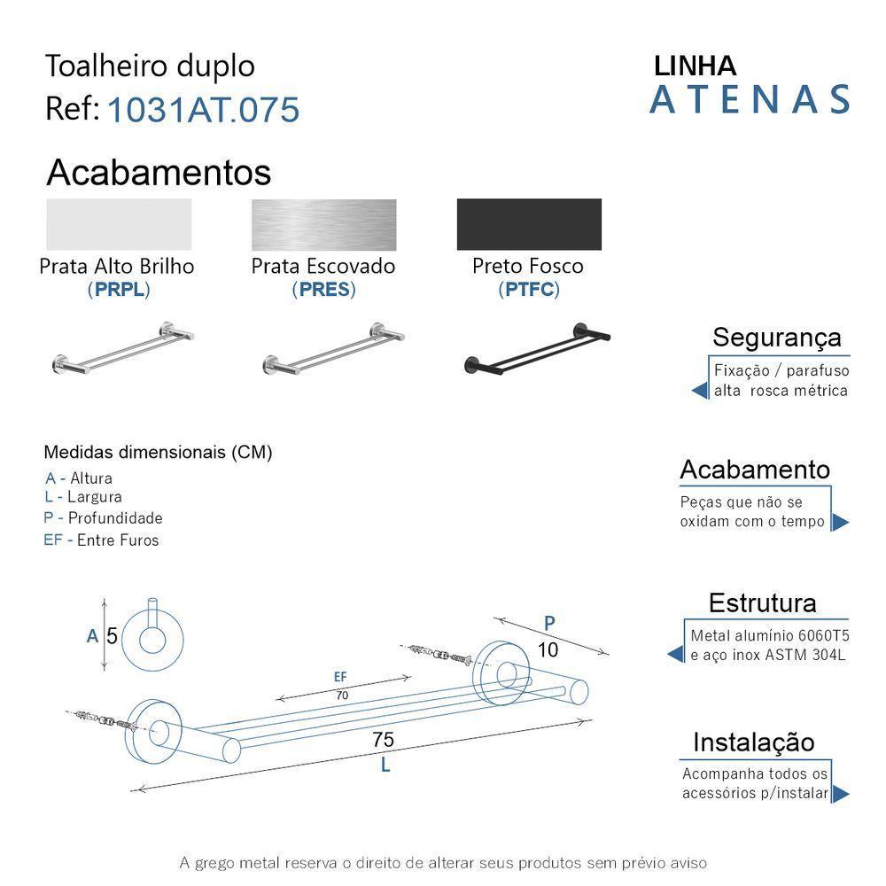 Porta Toalha Toalheiro Duplo Para Banheiro Escovado Atenas 75cm - 5